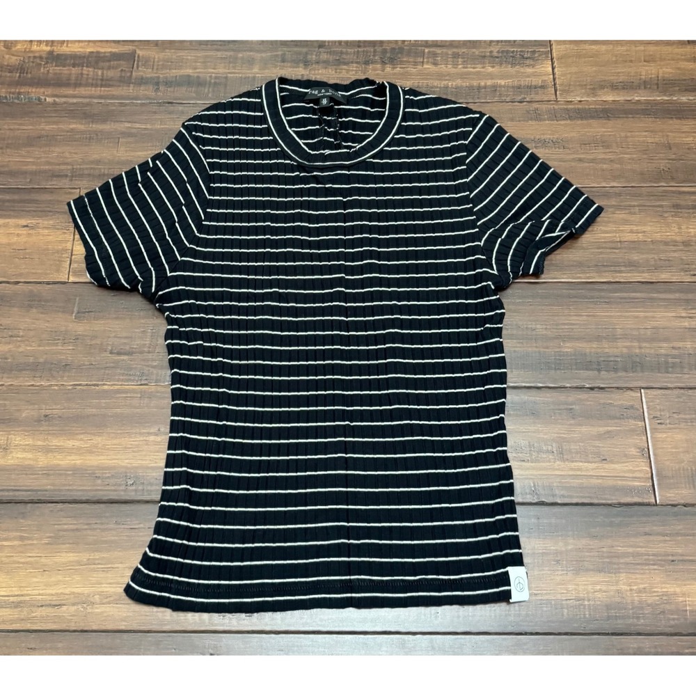 Rag & Bone New York Ribbed Striped Short Sleeve T-Shirt Black White XS